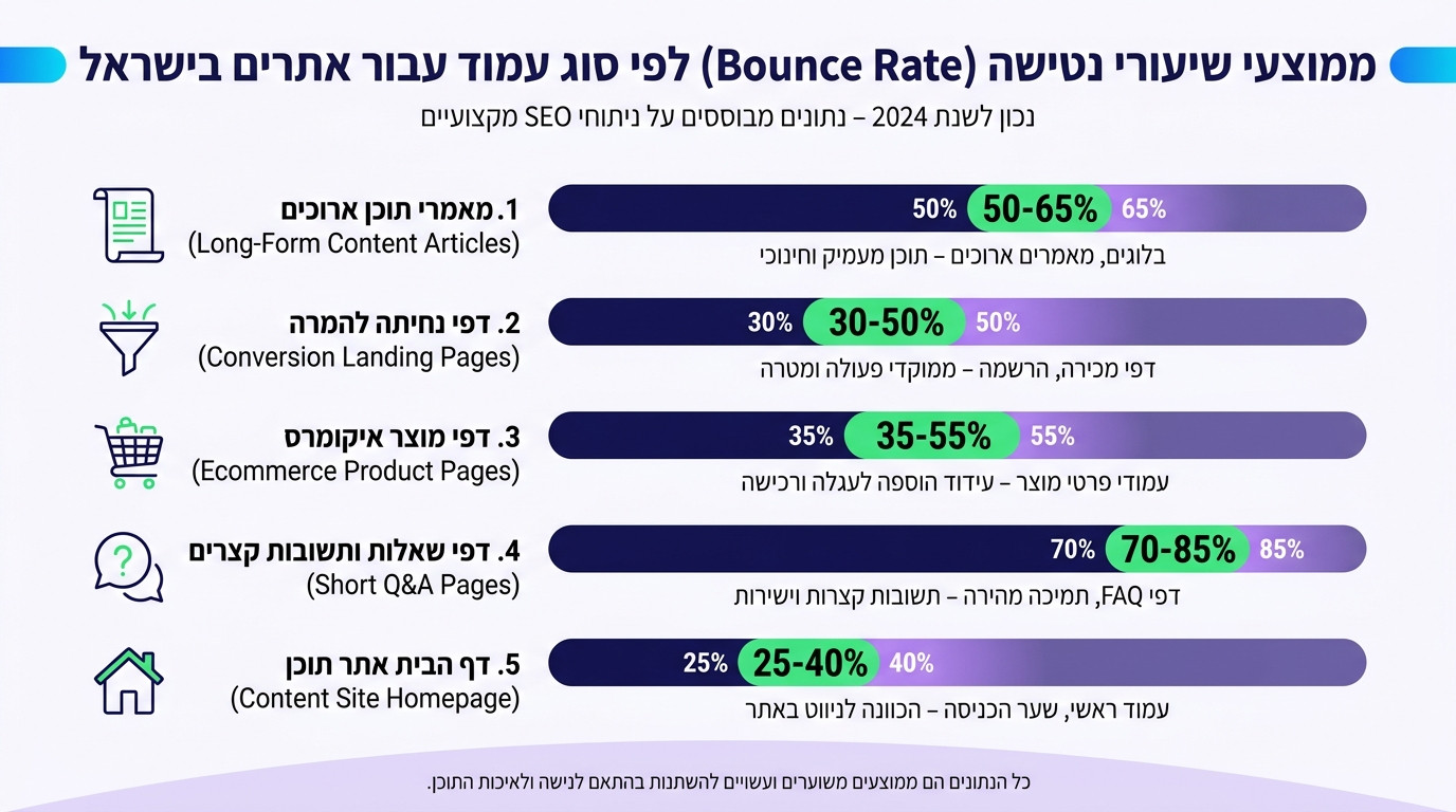 מה נחשב Bounce Rate טוב לפי סוג עמוד - השוואה ויזואלית של בנצ'מרקים לסוגי תוכן שונים