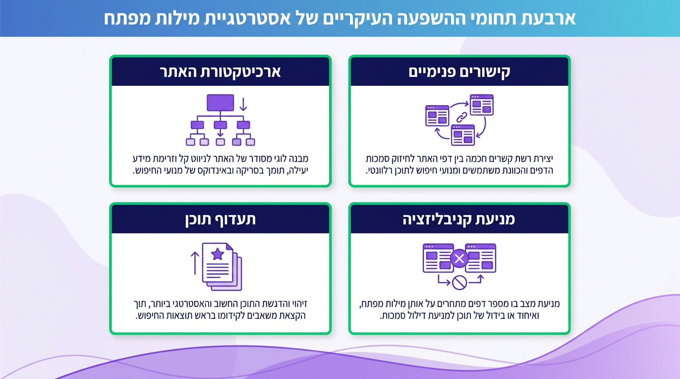תרשים המדגים כיצד אסטרטגיית מילות מפתח משפיעה על ארכיטקטורת אתר, קישורים פנימיים ותעדוף תוכן